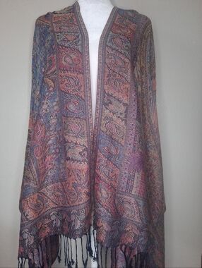 Multicolor Paisley Floral Shawl Pink Purple Fringe Wrap Scarf Polyester One Size
